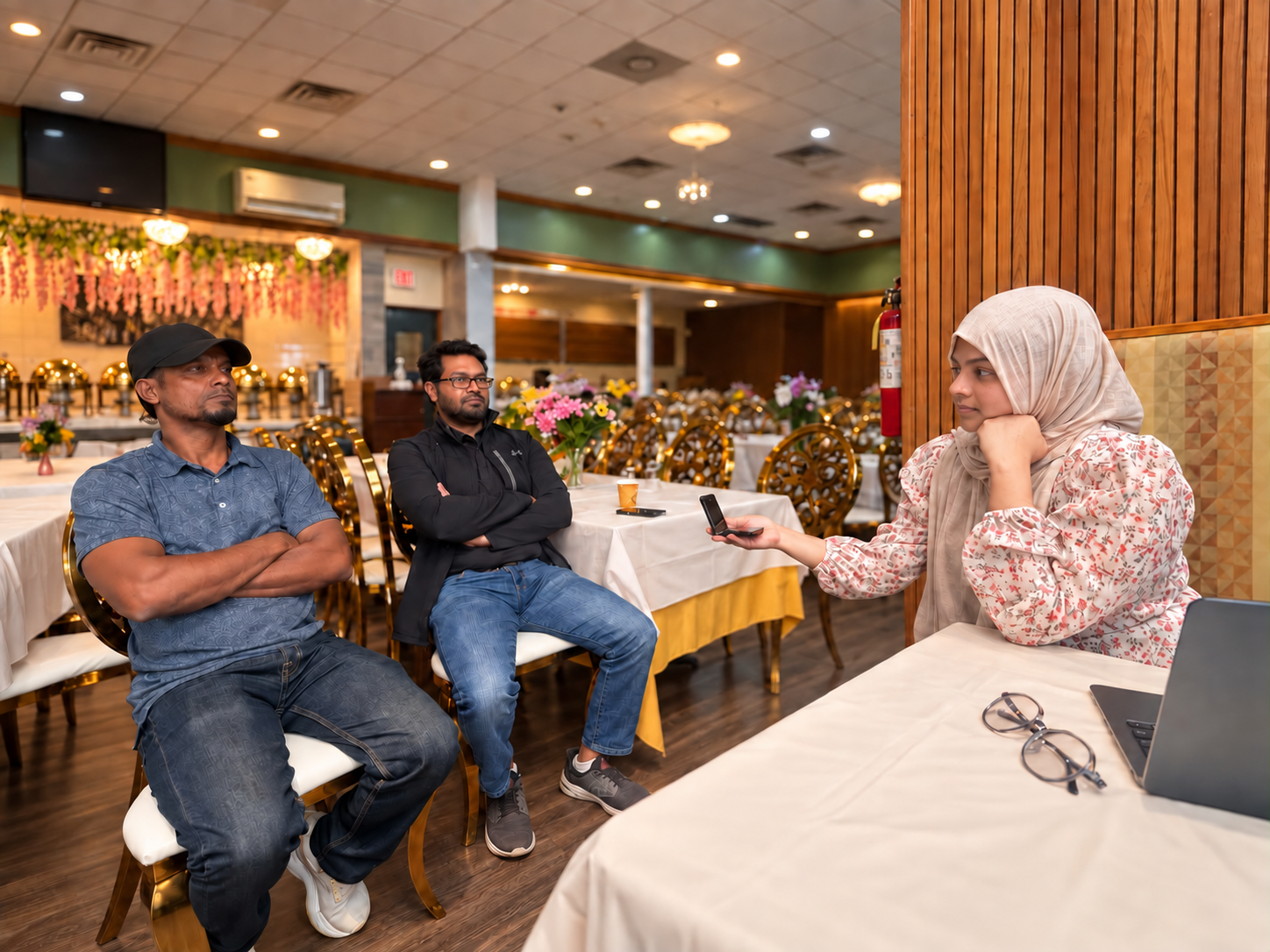 The researcher holds a recorder while interviewing two men at a table in a decorated restaurant