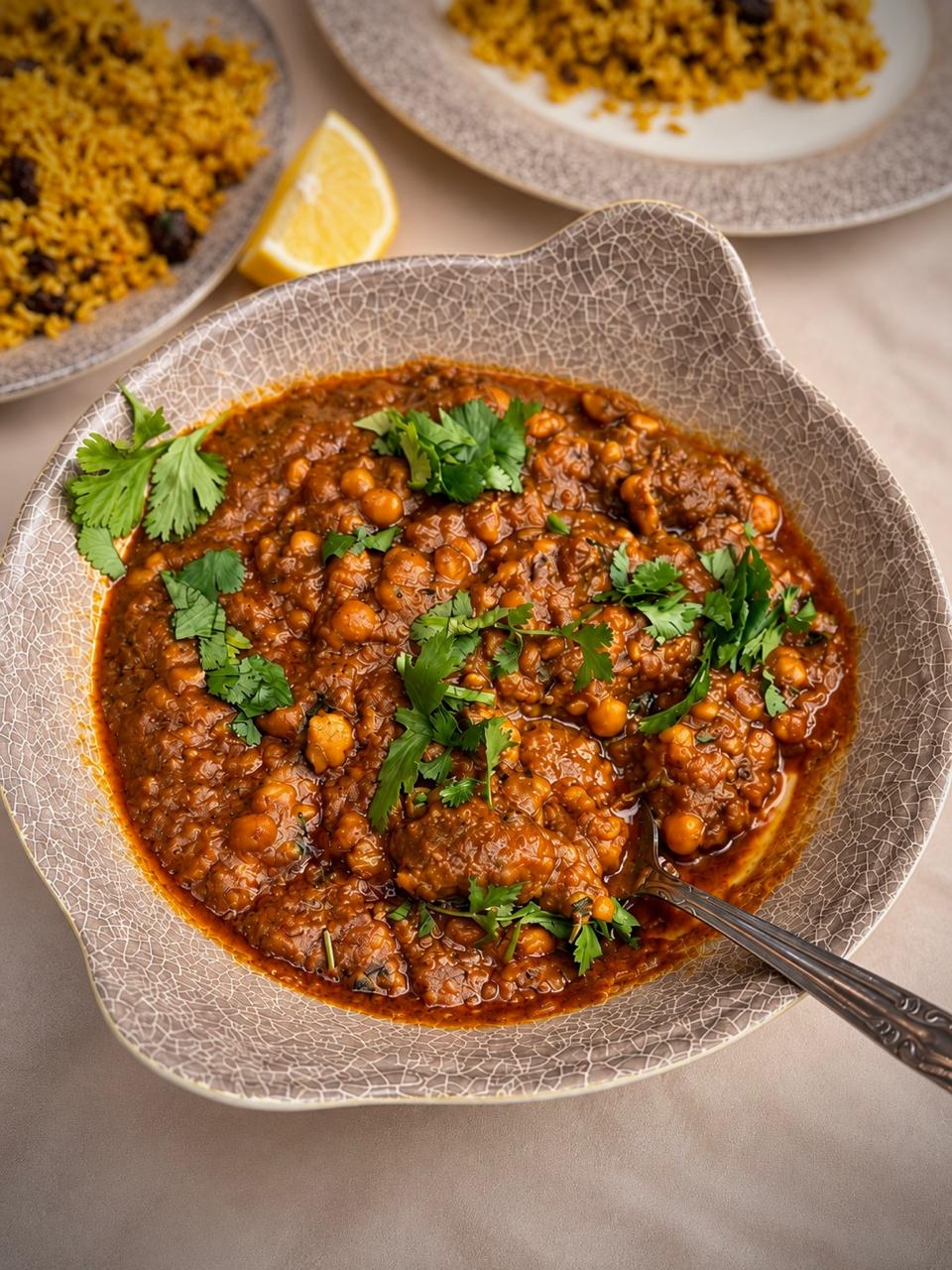 A bowl of chana masala garnished with cilantro